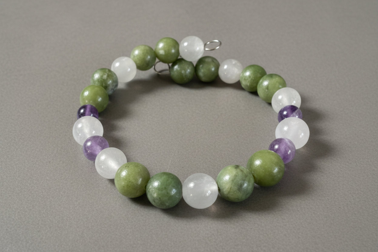 Green Jade, White Jade and Amethyst Handmade Memory Wire Wrap Bracelet
