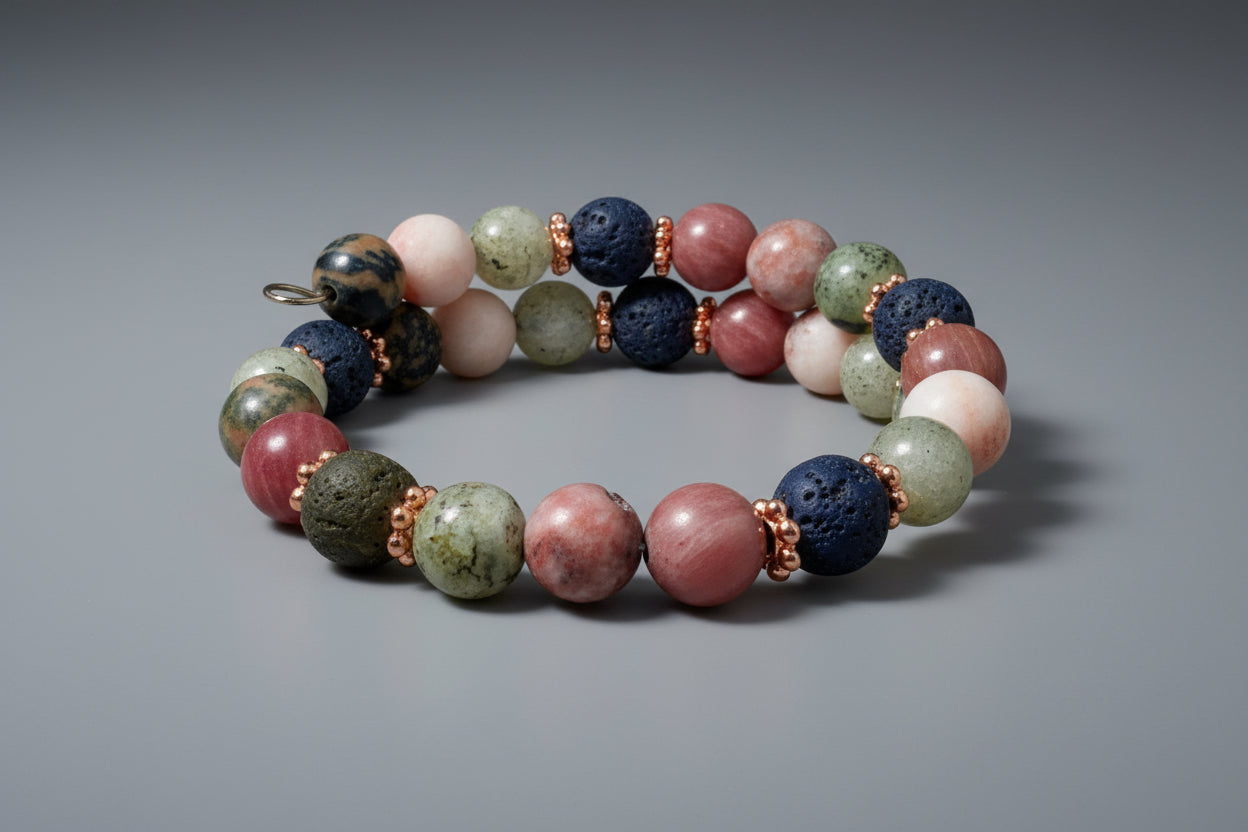 Rhodonite, Pink Zebra Jasper, Gray Labradorite, Lava Gemstone Handmade Wrap Bracelet