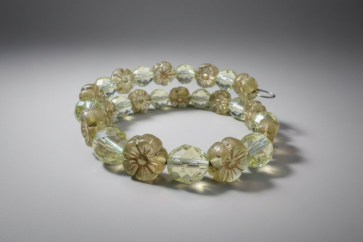 Czech Uranium Glass Memory Wire BRACELET Yellow Floral Glow Handcrafted