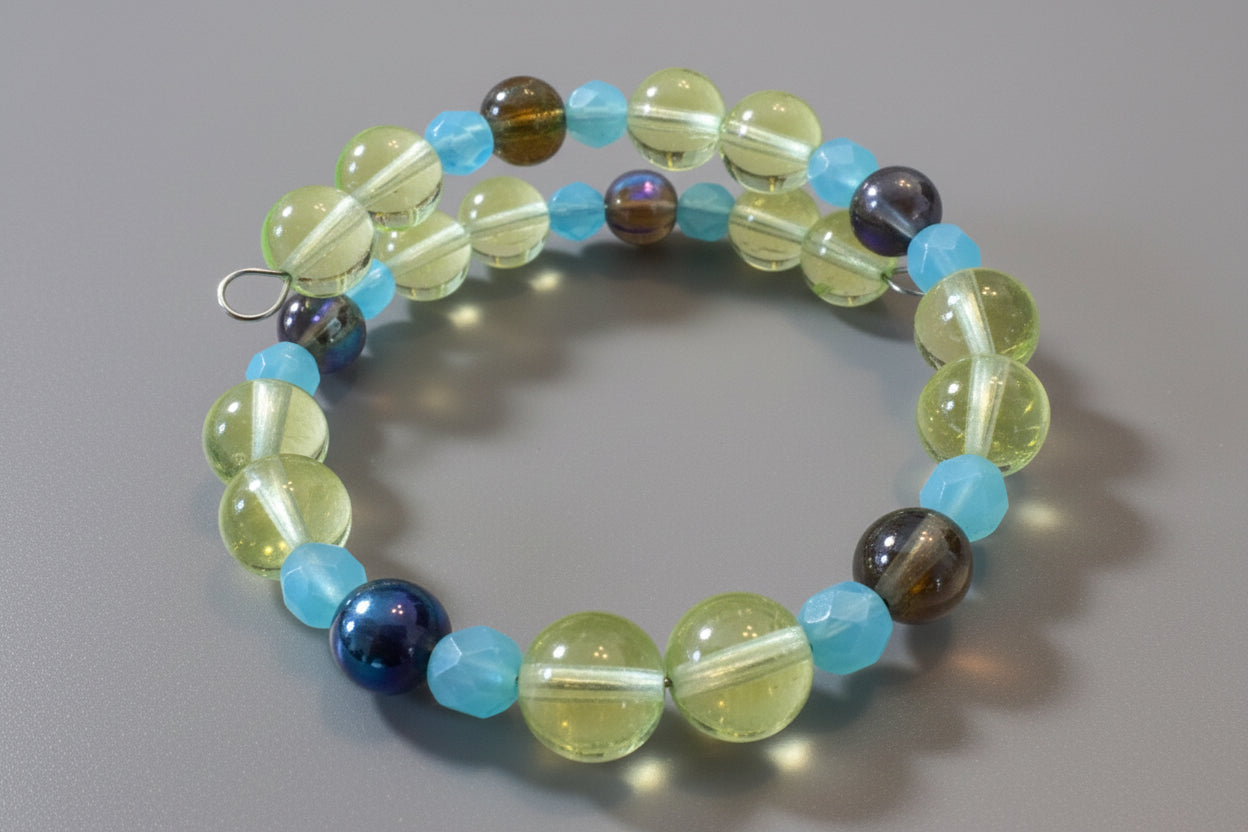 Czech Uranium Glass Memory Wire BRACELET Blue Yellow Glow Handcrafted