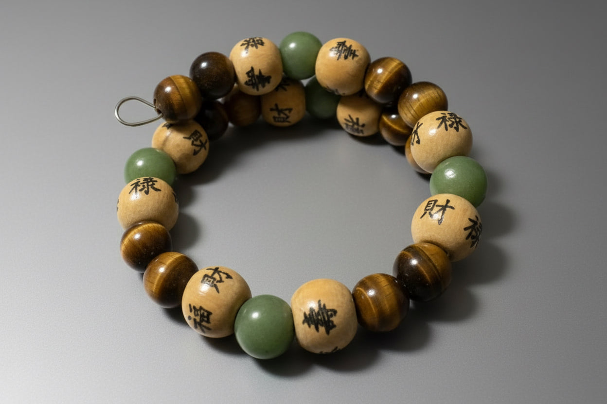Green Jade, Tigers Eye and Wooden Beads Handmade Memory Wire Wrap Bracelet