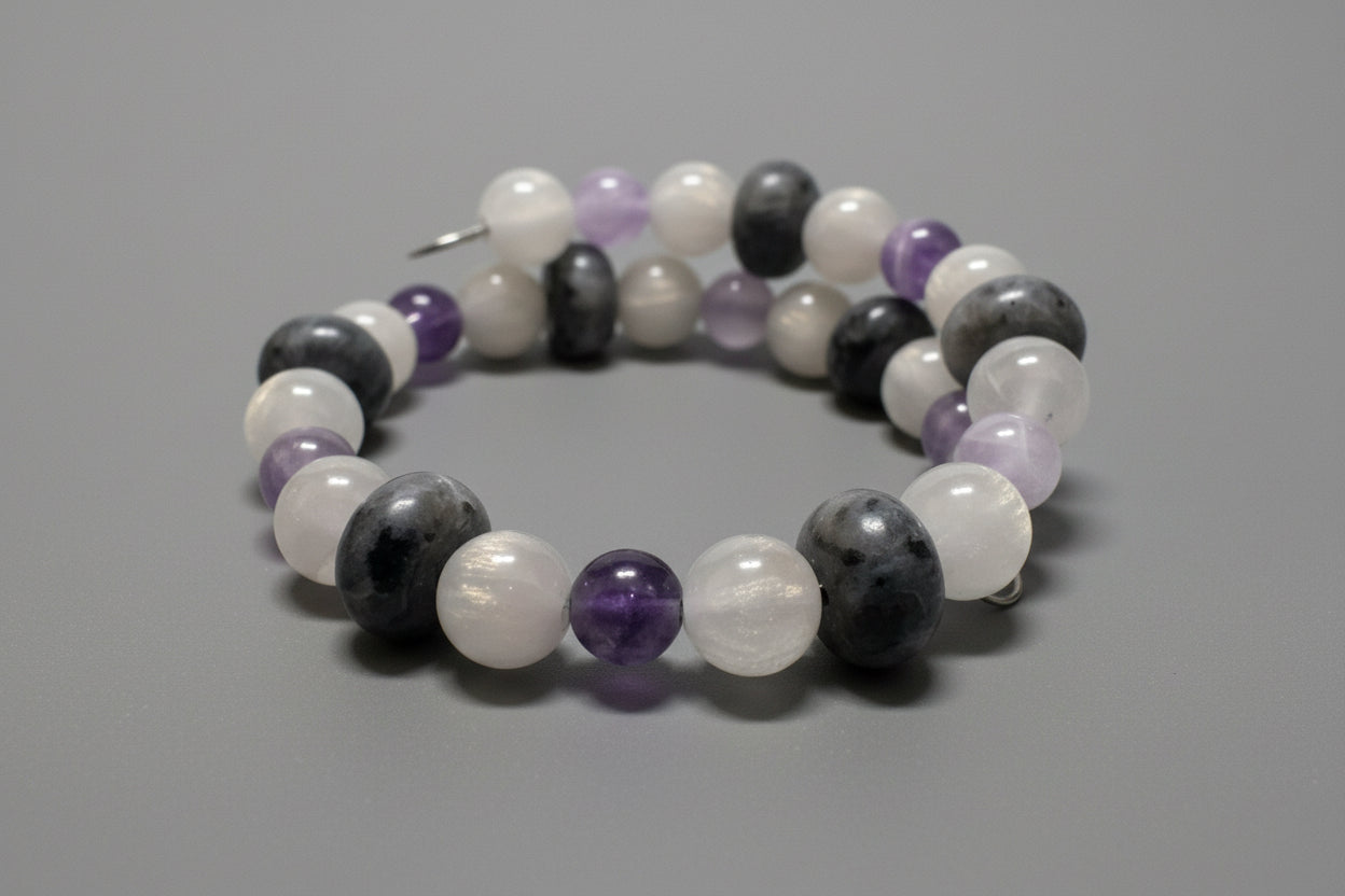 Rainbow Moonstone, Amethyst and Labradorite Handmade Memory Wire Wrap Bracelet
