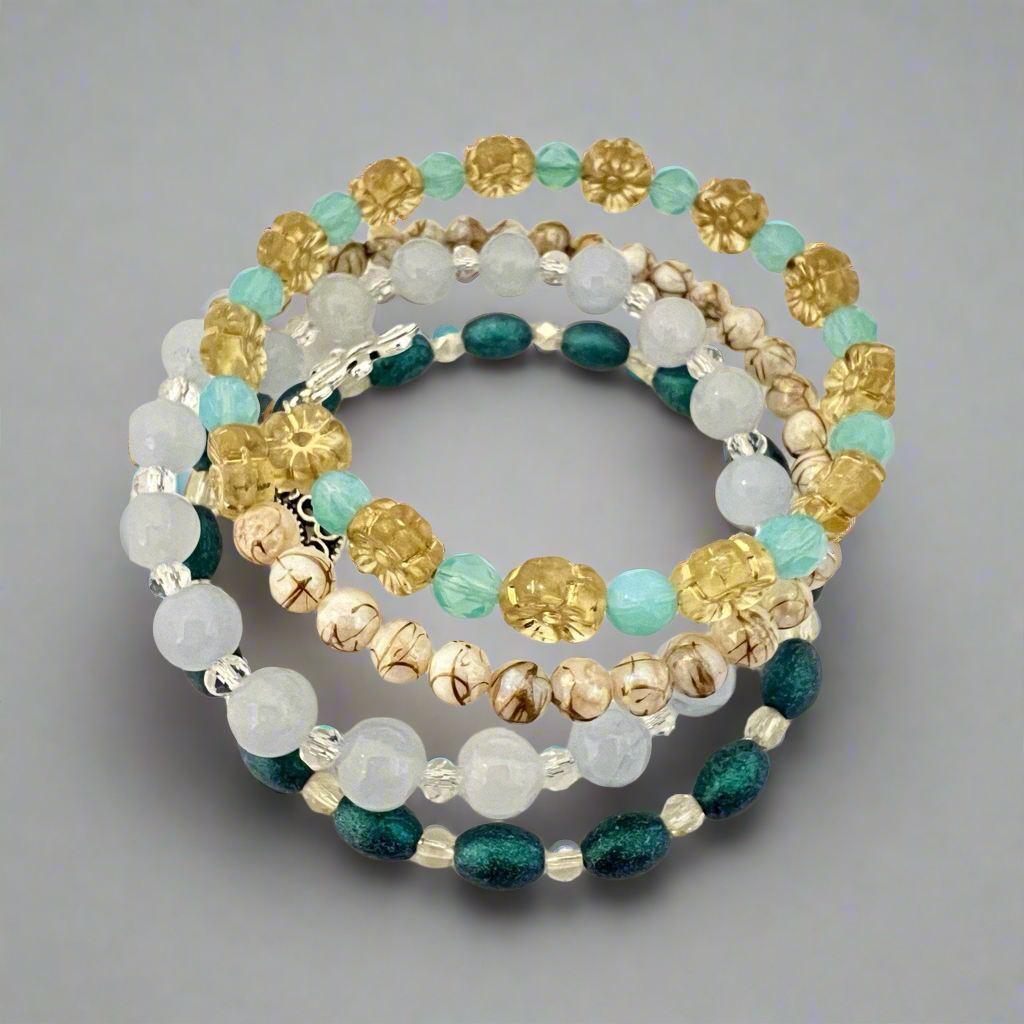 Handcrafted Wrap Bracelet Made w/ Czech Uranium Glass Beads Aquamarine And Shell Beads
