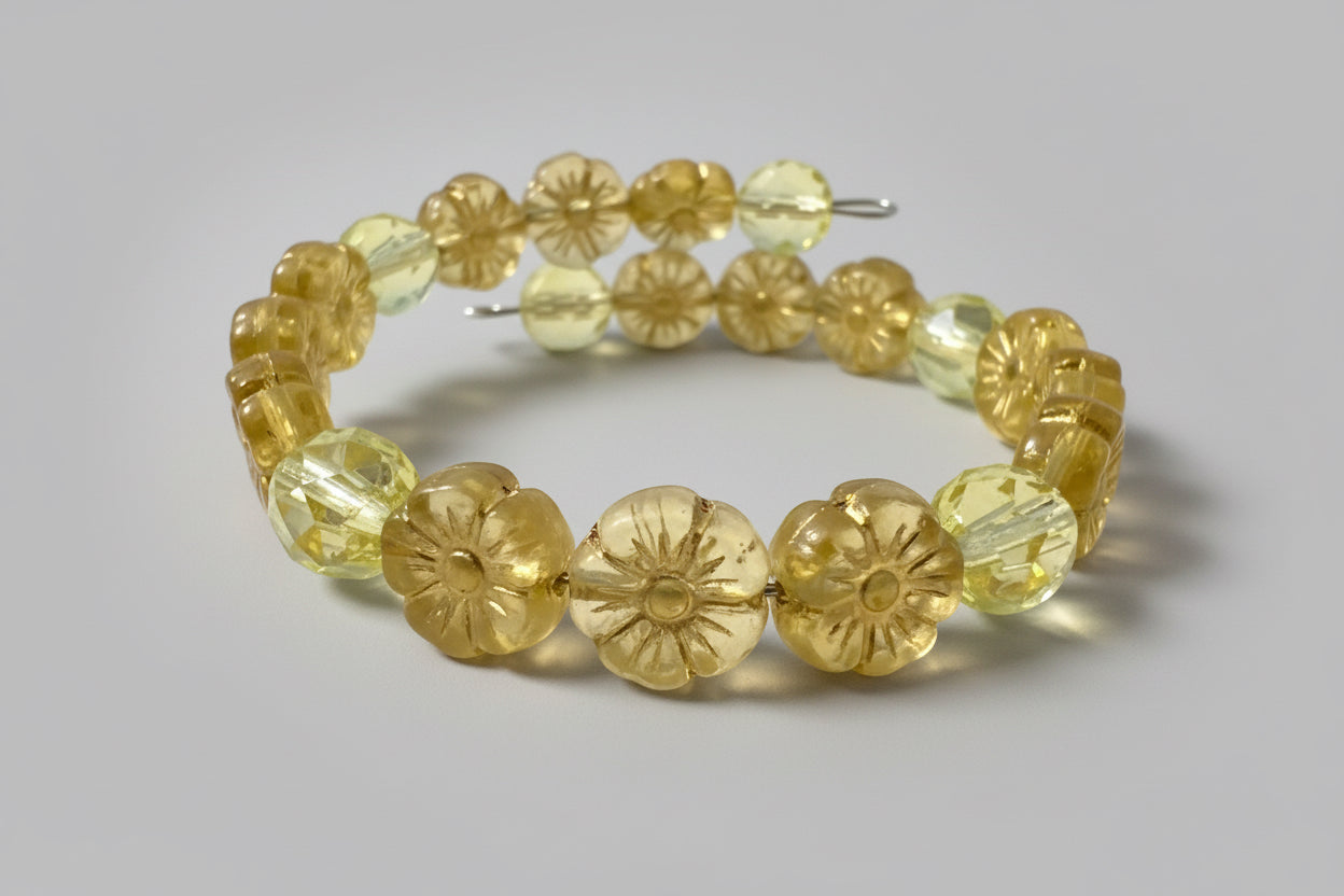 Czech Uranium Glass Memory Wire BRACELET Yellow Floral Glow Handcrafted