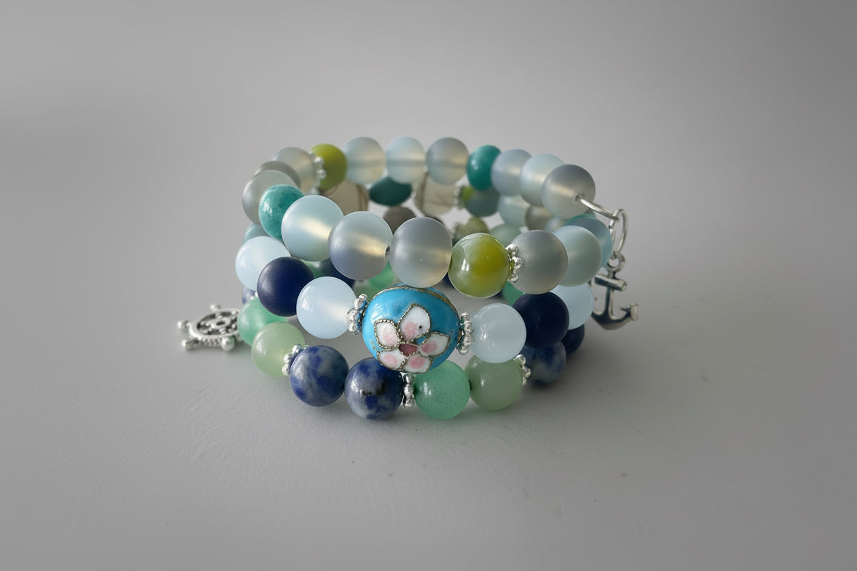Handcrafted Wrap Bracelet Glass Beads Cloisonné Coin Aquamarine Sodalite Lapis