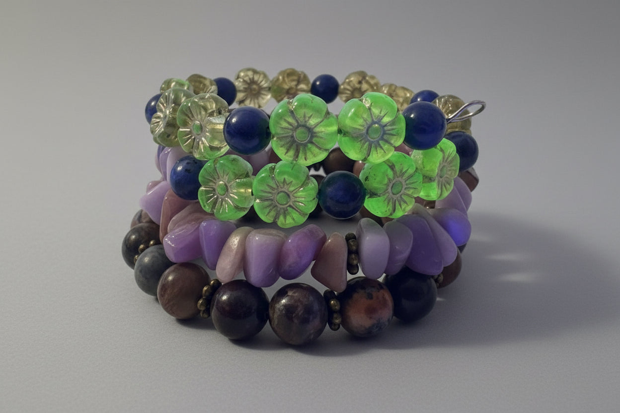 Handcrafted Wrap Bracelet Uranium Glass, Matte Jasper, Yooperlite Sunstone, Labradorite Beads