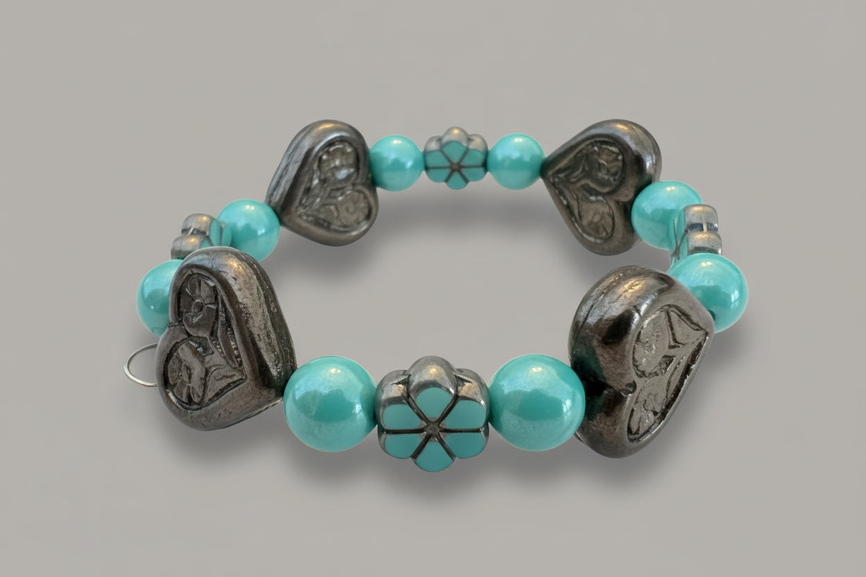 Czech Glass Memory Wire BRACELET Teal Brown Hearts Handcrafted