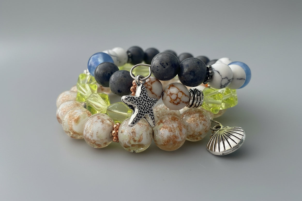 Handcrafted Wrap Bracelet Czech, Uranium & Glow Glass Yooperlite Magnesite, Opalite