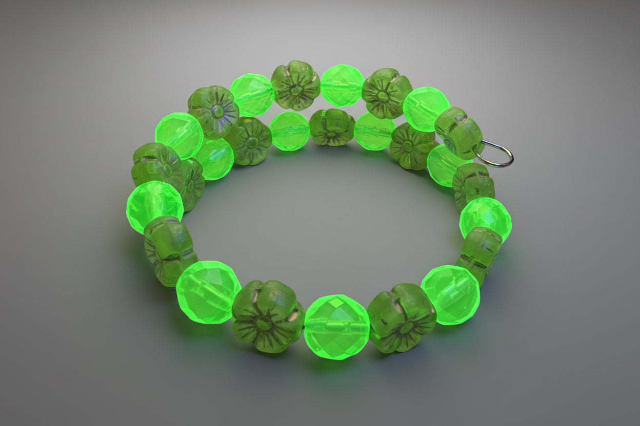 Czech Uranium Glass Memory Wire BRACELET Yellow Floral Glow Handcrafted