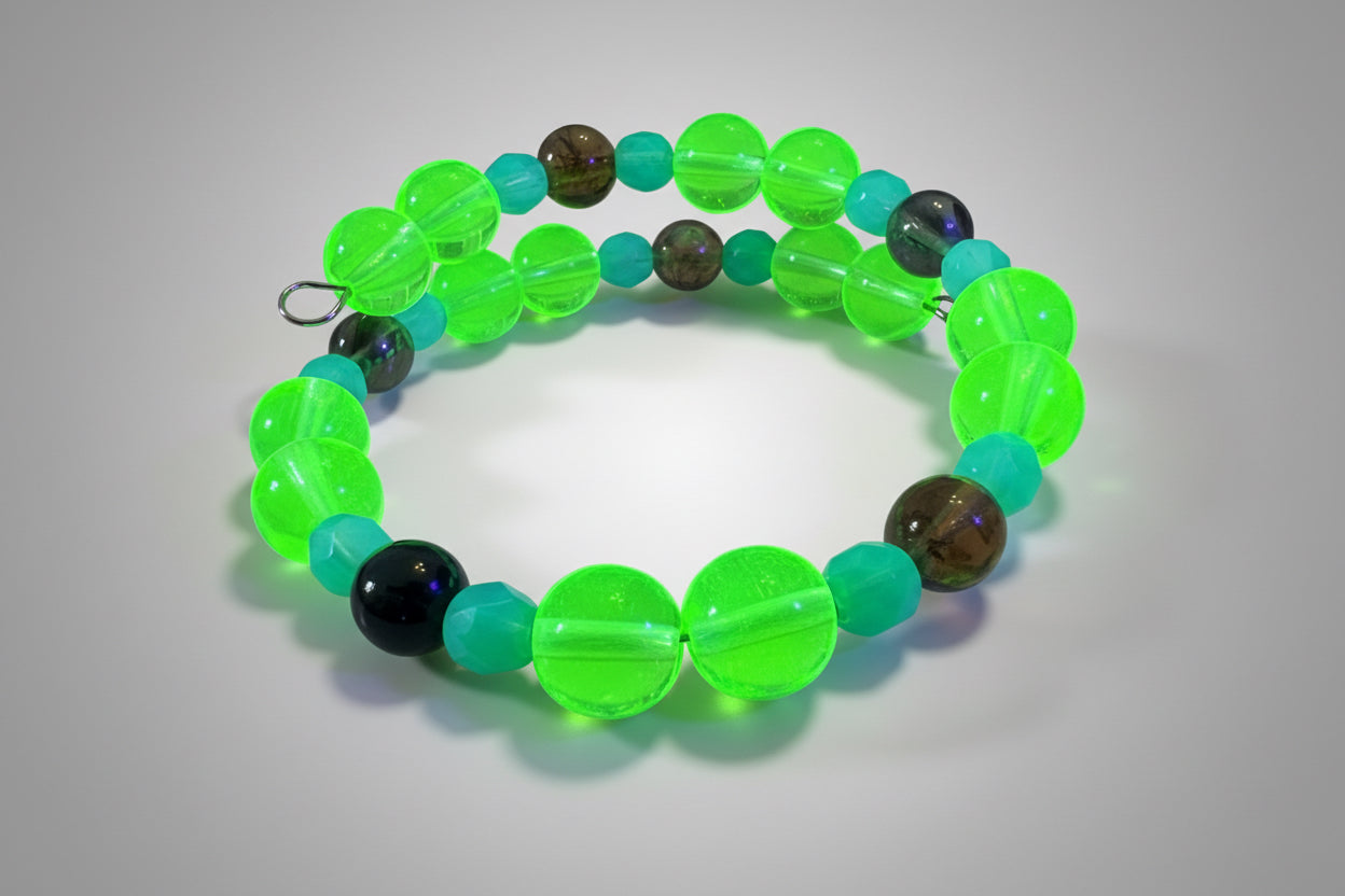 Czech Uranium Glass Memory Wire BRACELET Blue Yellow Glow Handcrafted