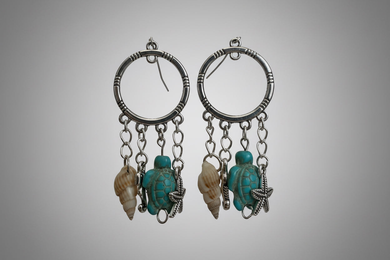 Beach Themed Dangle Earrings Seashells Turtles