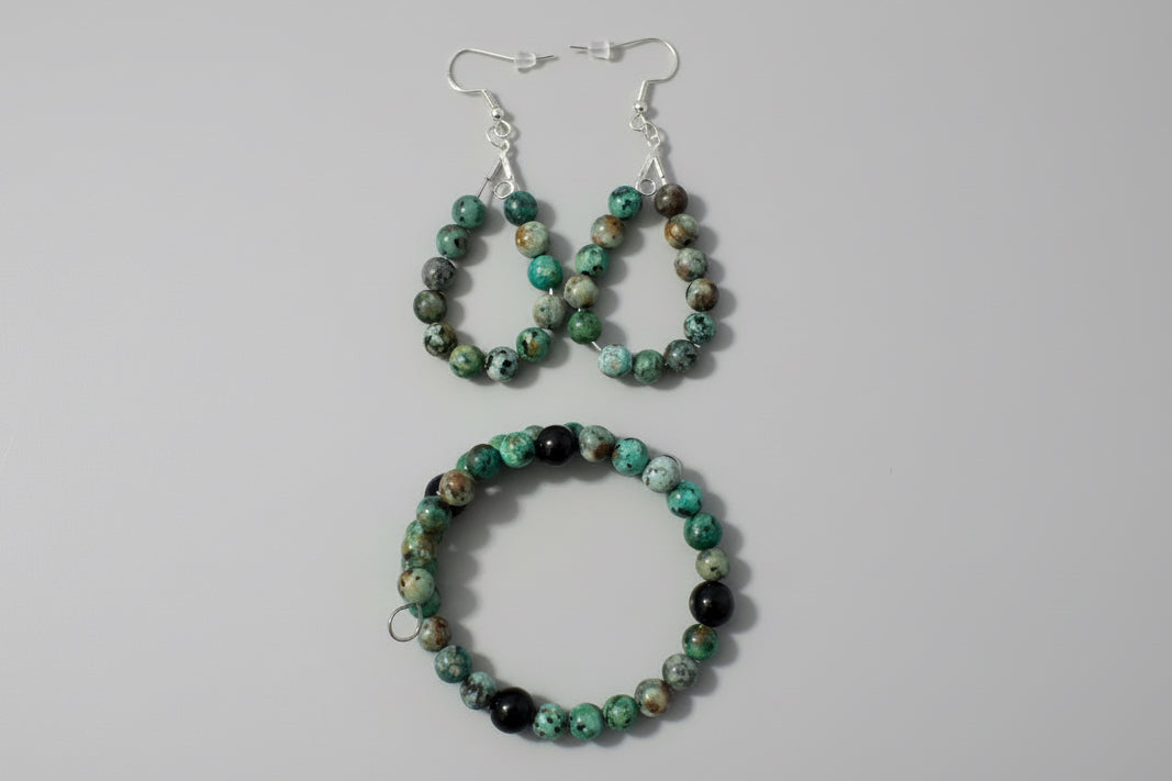 African Turquoise Wire Wrapped Earrings W/ Matching Memory Wire Bracelet