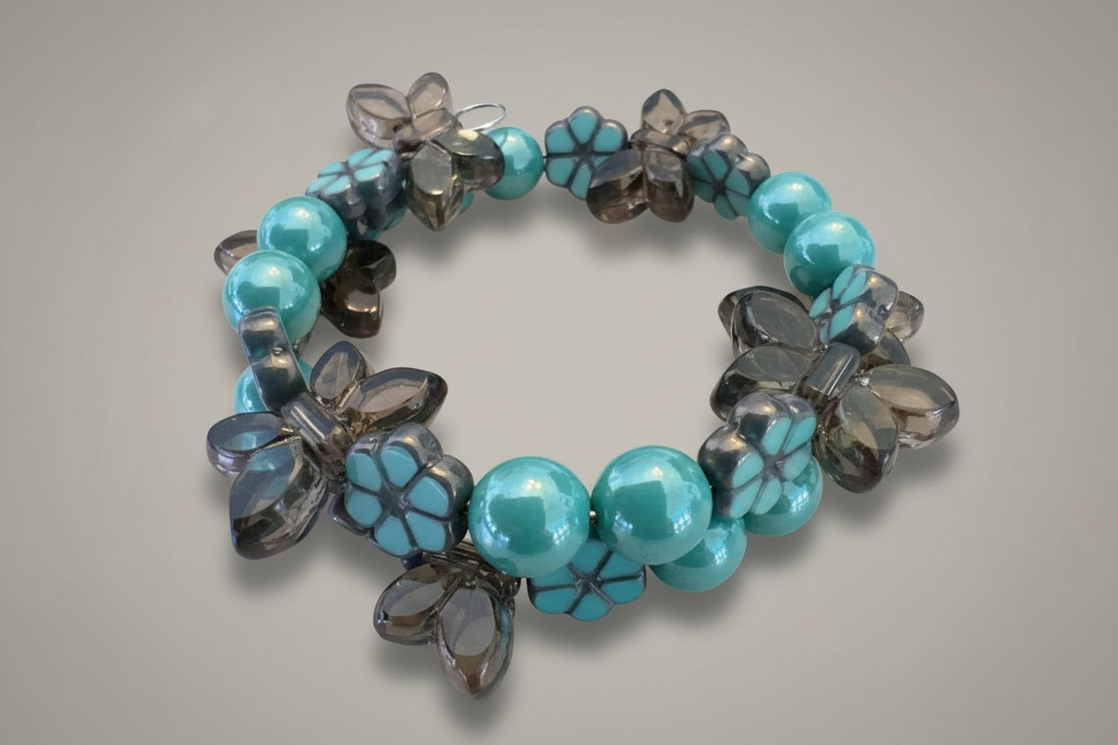 Czech Glass Memory Wire BRACELET Teal Brown Butterflies Handcrafted