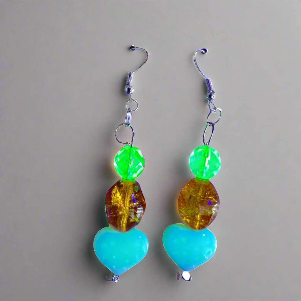 Handcrafted Uranium Glass Drop Heart Crackle Glass Earrings Czech Glass Yellow White