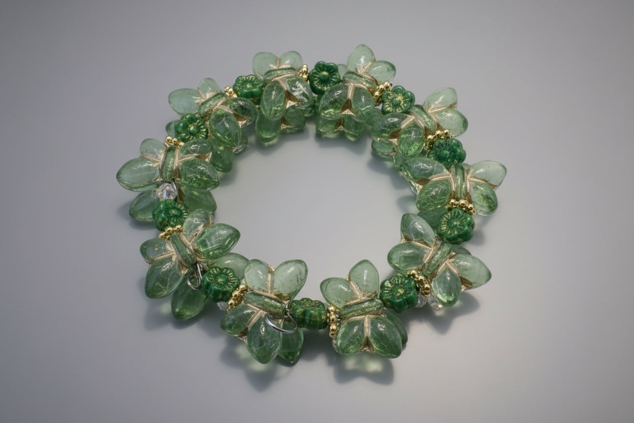 Czech Glass Memory Wire BRACELET Green Butterfly Glow Handcrafted Gold Tone