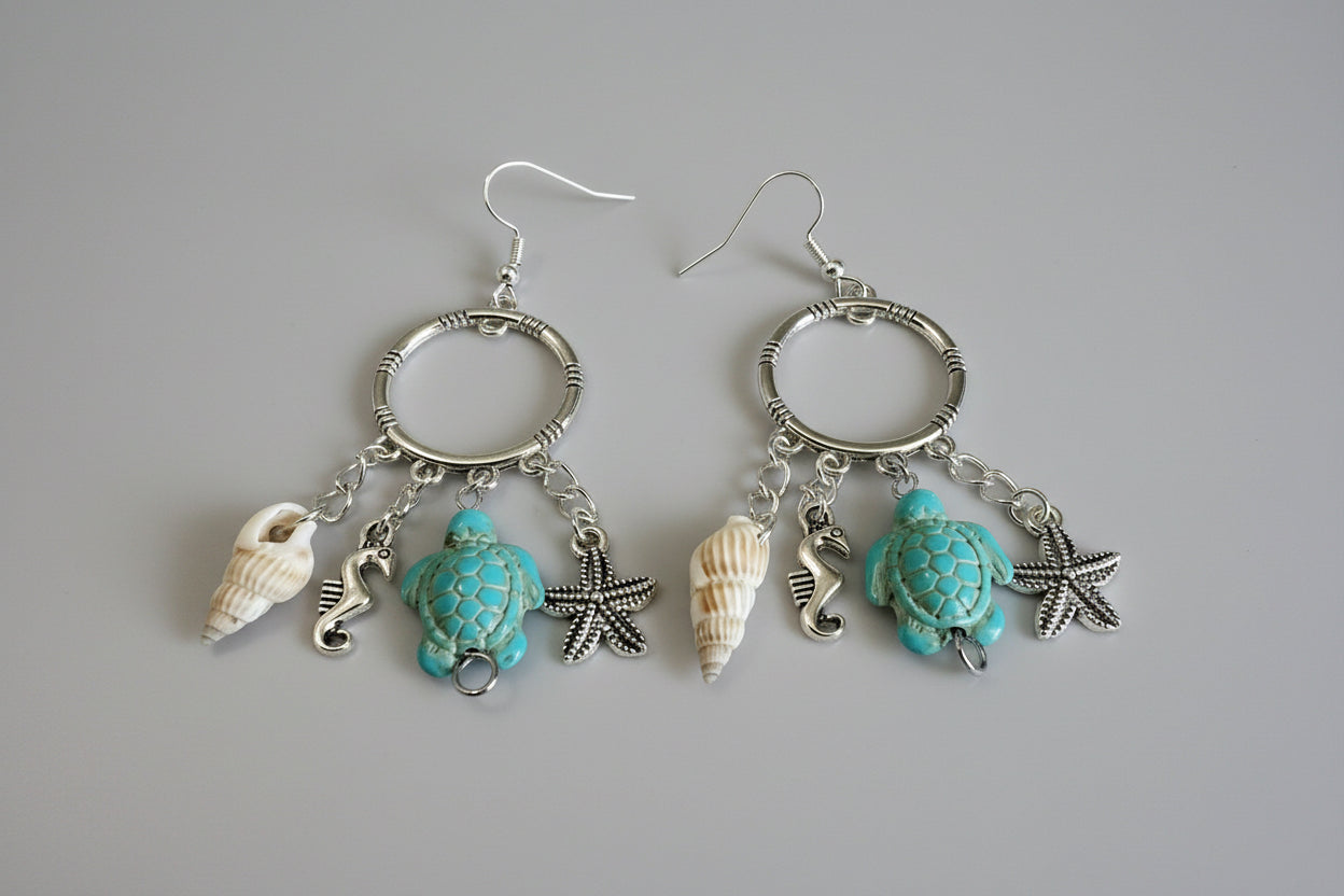 Beach Themed Dangle Earrings Seashells Turtles