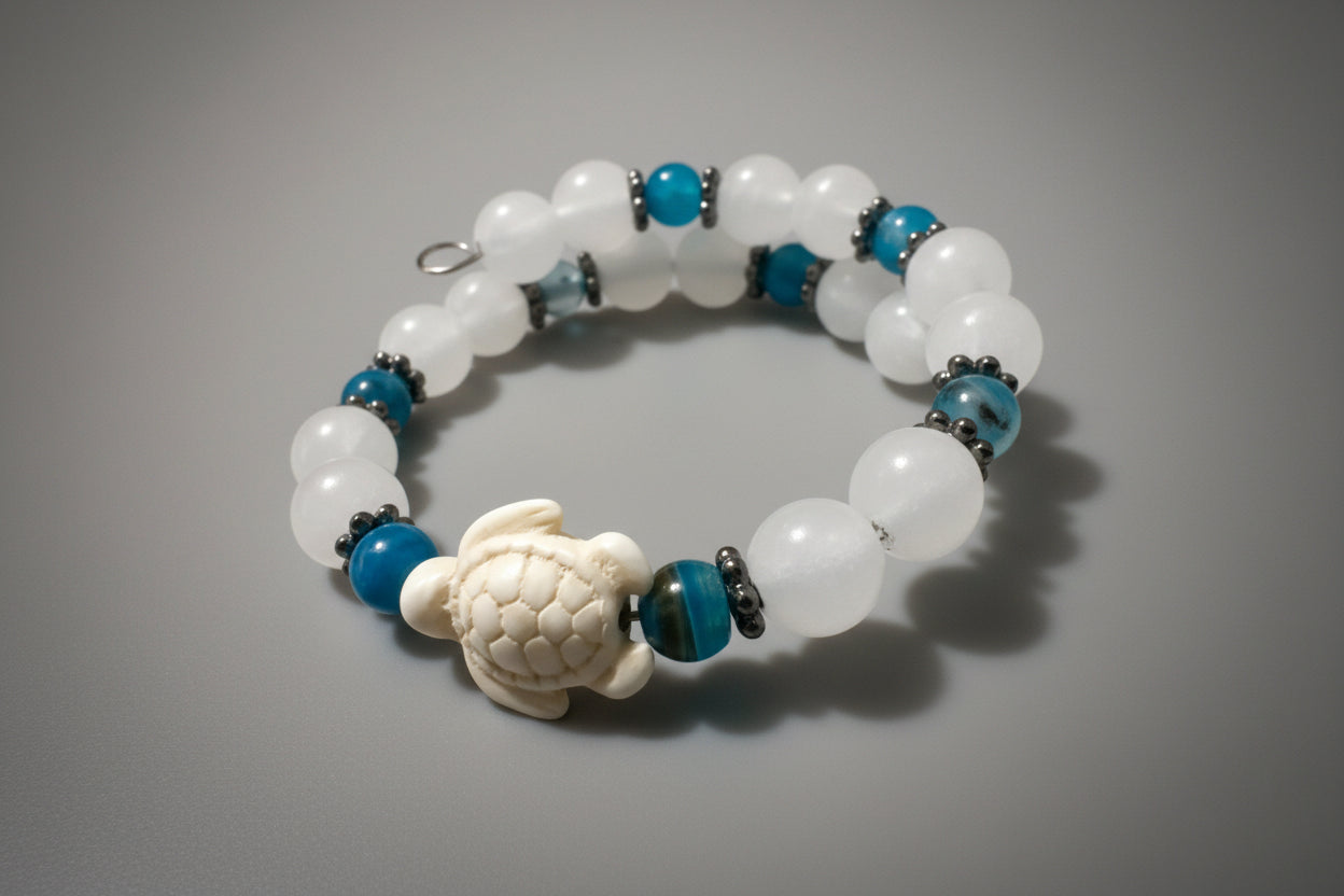 White Jade and Blue Dragon Vein (Resin Sea Turtle) Handcrafted Memory Wire Wrap Bracelet