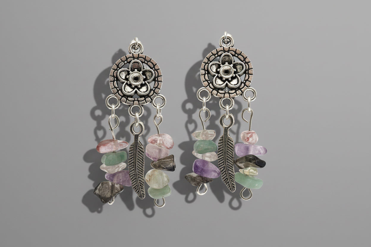 Silver Toned Gemstone Dreamcatcher Dangle Earrings Quartz, Aventurine, Amethyst