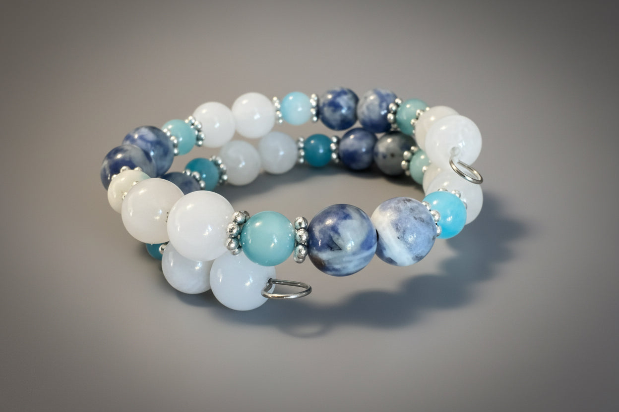 White Jade, Blue/White Jade and Sodalite Handmade Memory Wire Wrap Bracelet prosperity