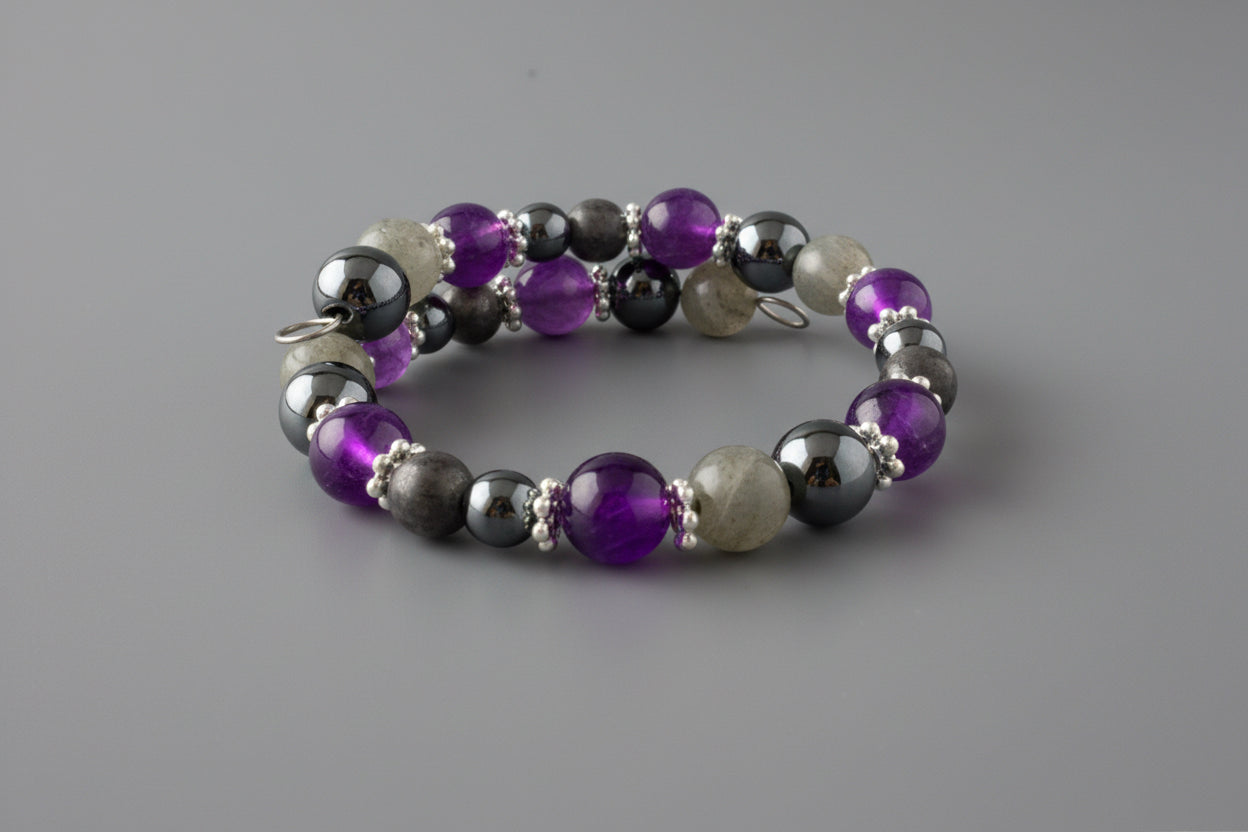 Labradorite, Amethyst, Hematite Gemstone Memory Wire Handmade Bracelet