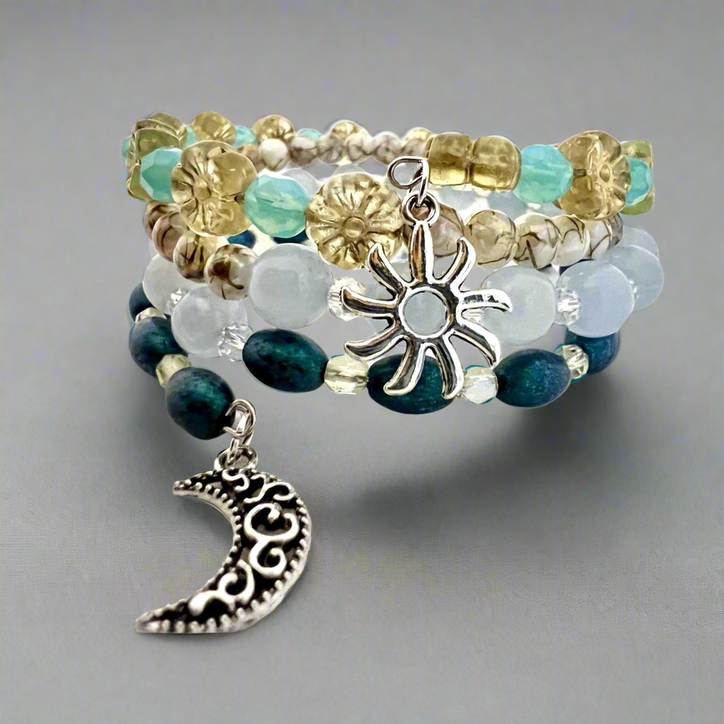 Handcrafted Wrap Bracelet Made w/ Czech Uranium Glass Beads Aquamarine And Shell Beads