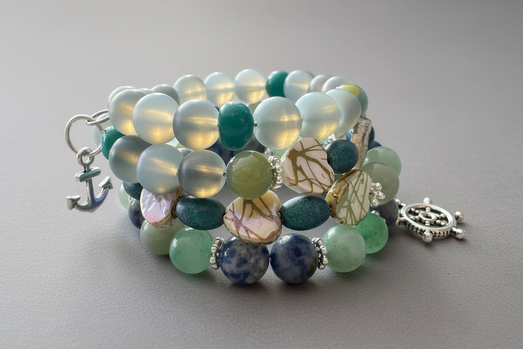 Handcrafted Wrap Bracelet Glass Beads Cloisonné Coin Aquamarine Sodalite Lapis