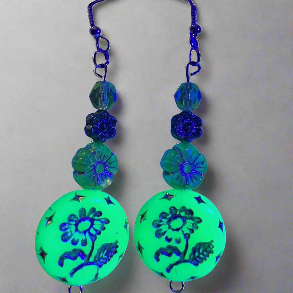 Handcrafted Uranium Glass Yellow/Teal Floral Czech Beads Earrings Sterling Silver Hook
