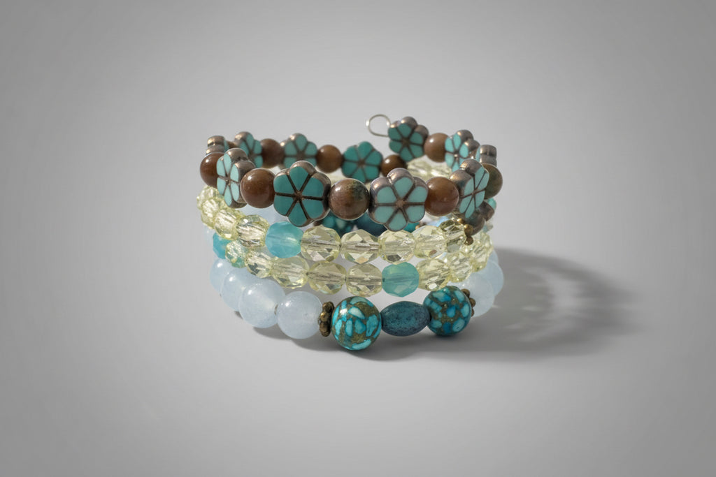 Handcrafted Wrap Bracelet Czech Uranium Glass Indian Agate Aquamarine Dyed Howlite