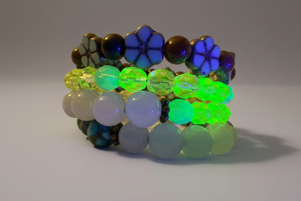 Handcrafted Wrap Bracelet Czech Uranium Glass Indian Agate Aquamarine Dyed Howlite