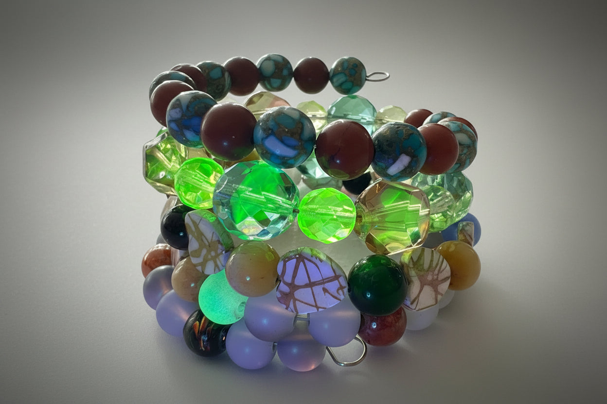 Handcrafted Wrap Bracelet Czech Uranium Glass ,Shell Hearts, Dyed Howlite, Jasper