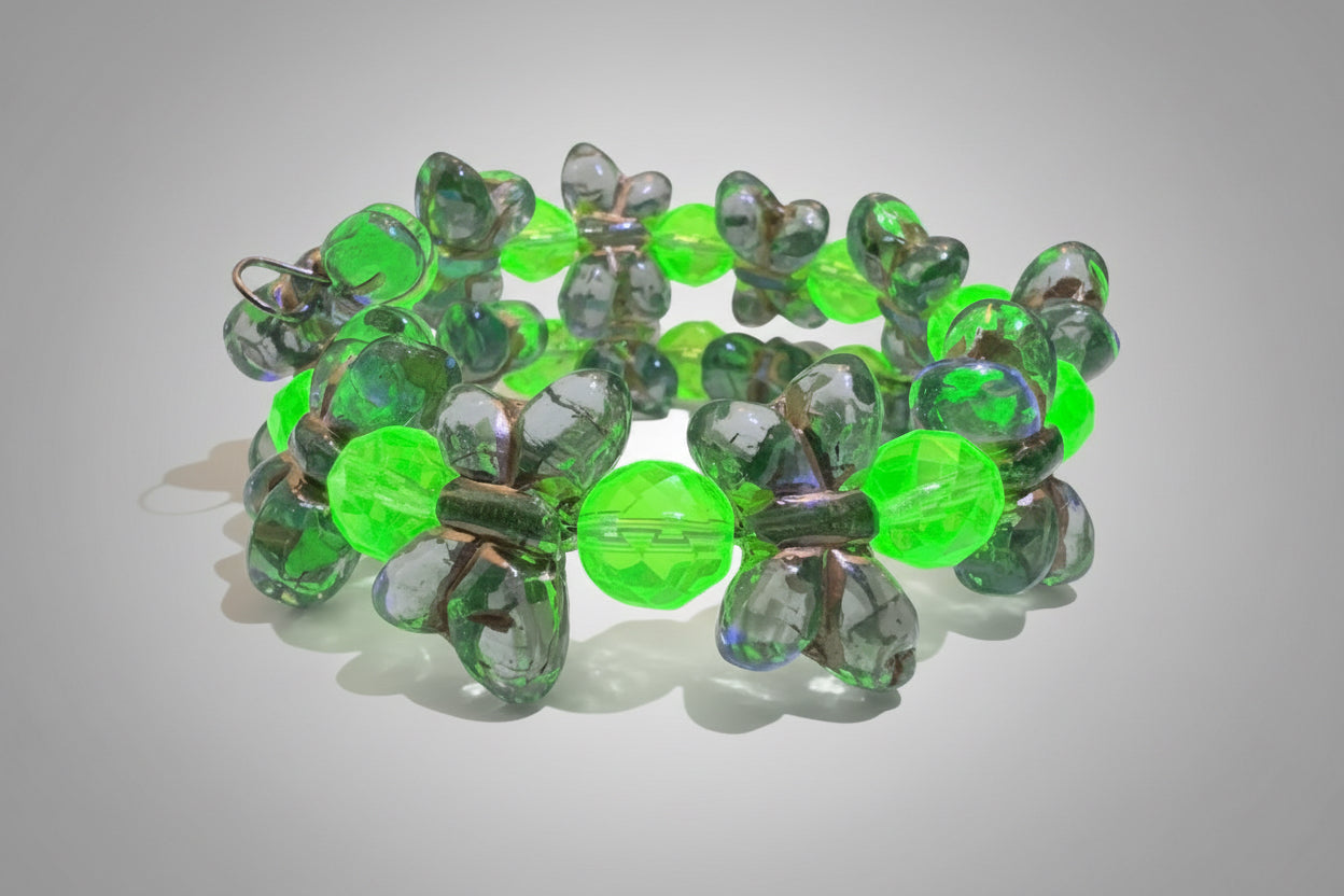 Czech Uranium Glass Memory Wire BRACELET Blue Butterfly Glow Handcrafted