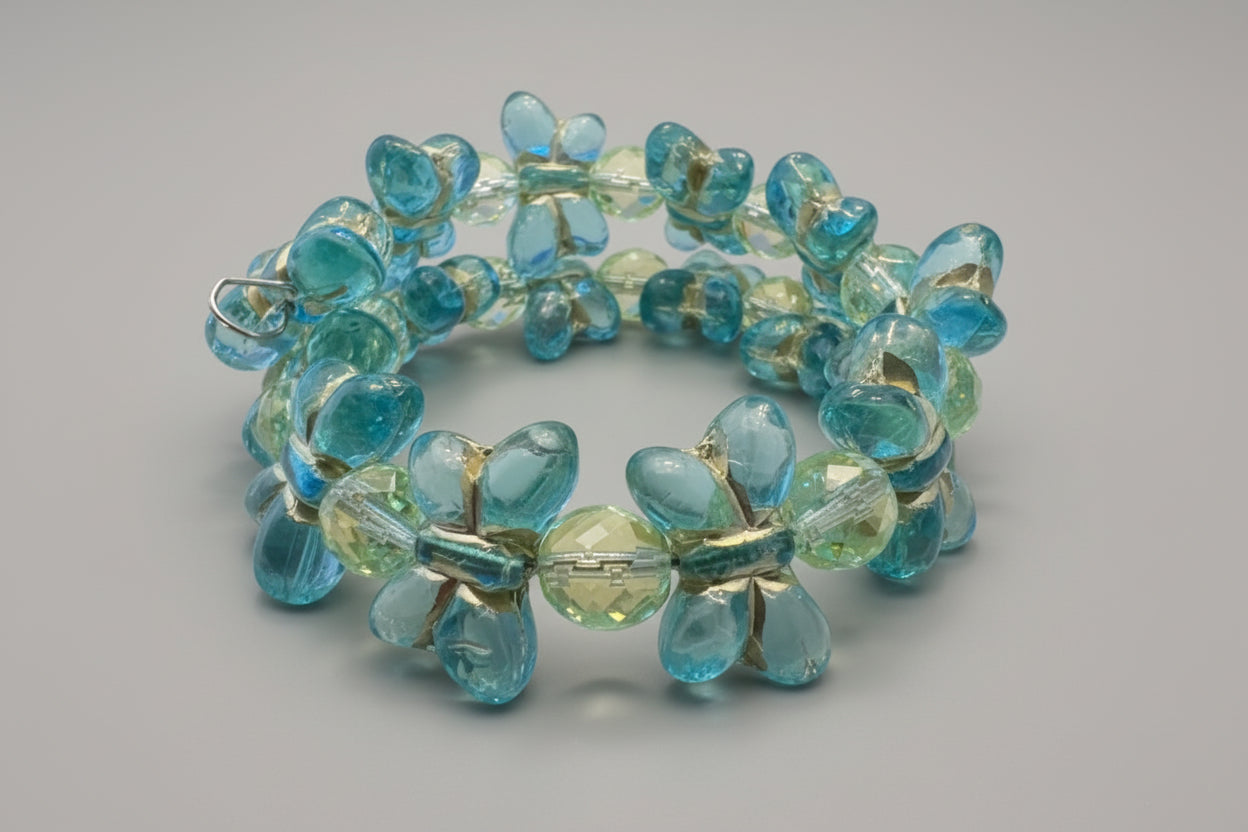 Czech Uranium Glass Memory Wire BRACELET Blue Butterfly Glow Handcrafted