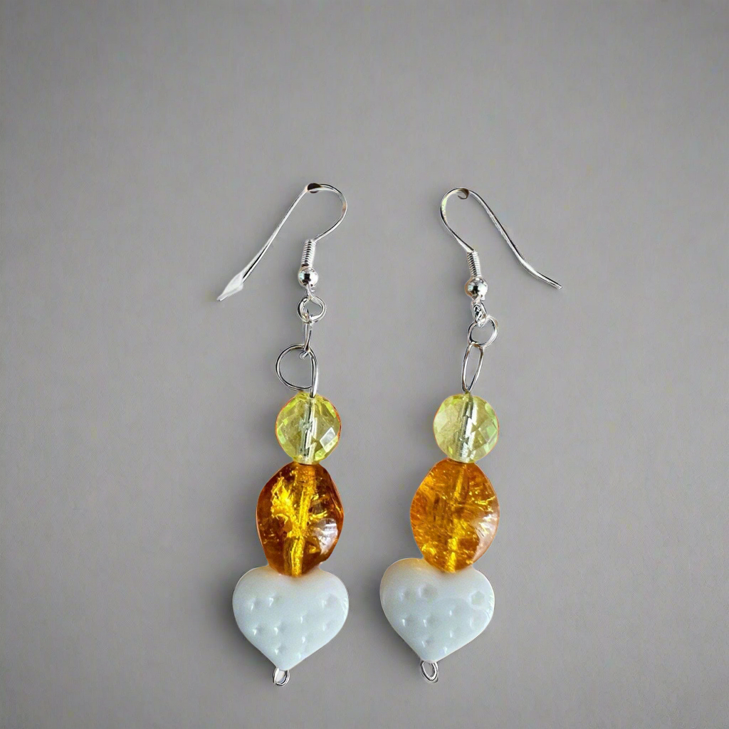 Handcrafted Uranium Glass Drop Heart Crackle Glass Earrings Czech Glass Yellow White
