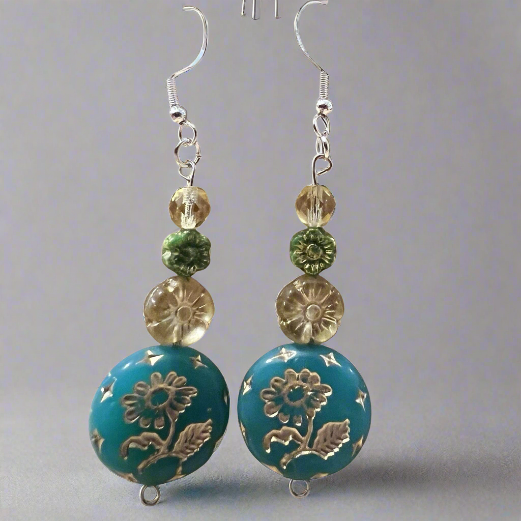 Handcrafted Uranium Glass Yellow/Teal Floral Czech Beads Earrings Sterling Silver Hook