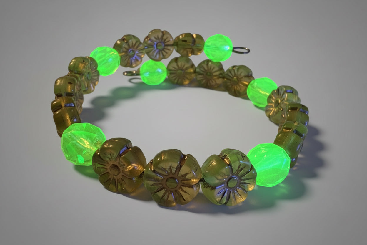Czech Uranium Glass Memory Wire BRACELET Yellow Floral Glow Handcrafted