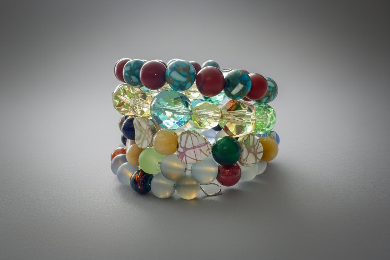 Handcrafted Wrap Bracelet Czech Uranium Glass ,Shell Hearts, Dyed Howlite, Jasper