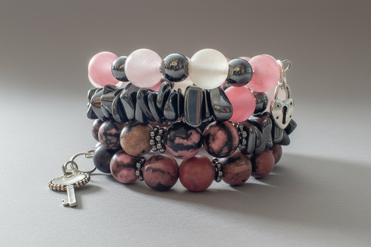 Handcrafted Wrap Gemstone Bracelet Rhodonite, Hematite, Cherry/Rose/Clear Quartz