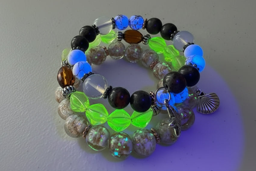 Handcrafted Wrap Bracelet Czech, Uranium & Glow Glass Yooperlite Magnesite, Opalite